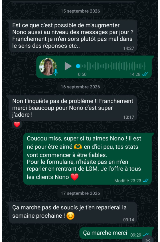 Échange WhatsApp avec la cliente C